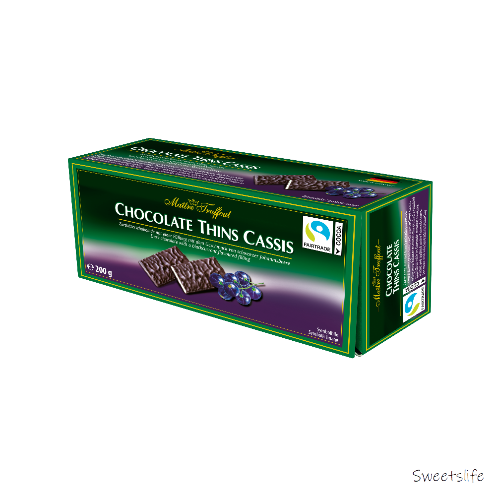 Chocolate Thins Cassis Zartbitter mit schwarze Johannisbeere 200g