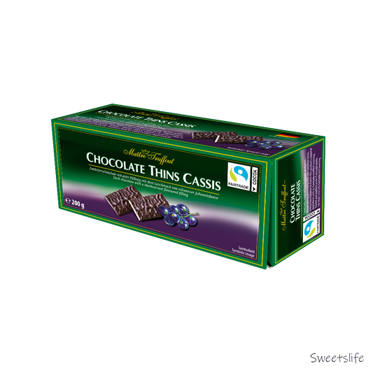 Chocolate Thins Cassis Zartbitter mit schwarze Johannisbeere 200g